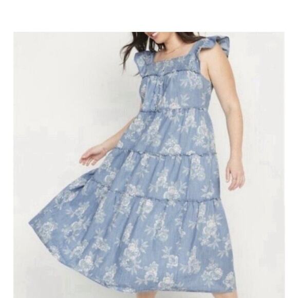 Old Navy Dresses & Skirts - Old Navy Chambray Floral Tiered Midi Dress 4XL Smocked Beach Cruise Vacation